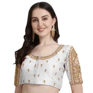 Women's Phantom Silk Woven Round Neck Short Sleeve Readymade Blouse (White, Free Size)