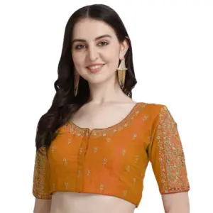 Women's Phantom Silk Woven Round Neck Short Sleeve Readymade Blouse (Yellow, Free Size)