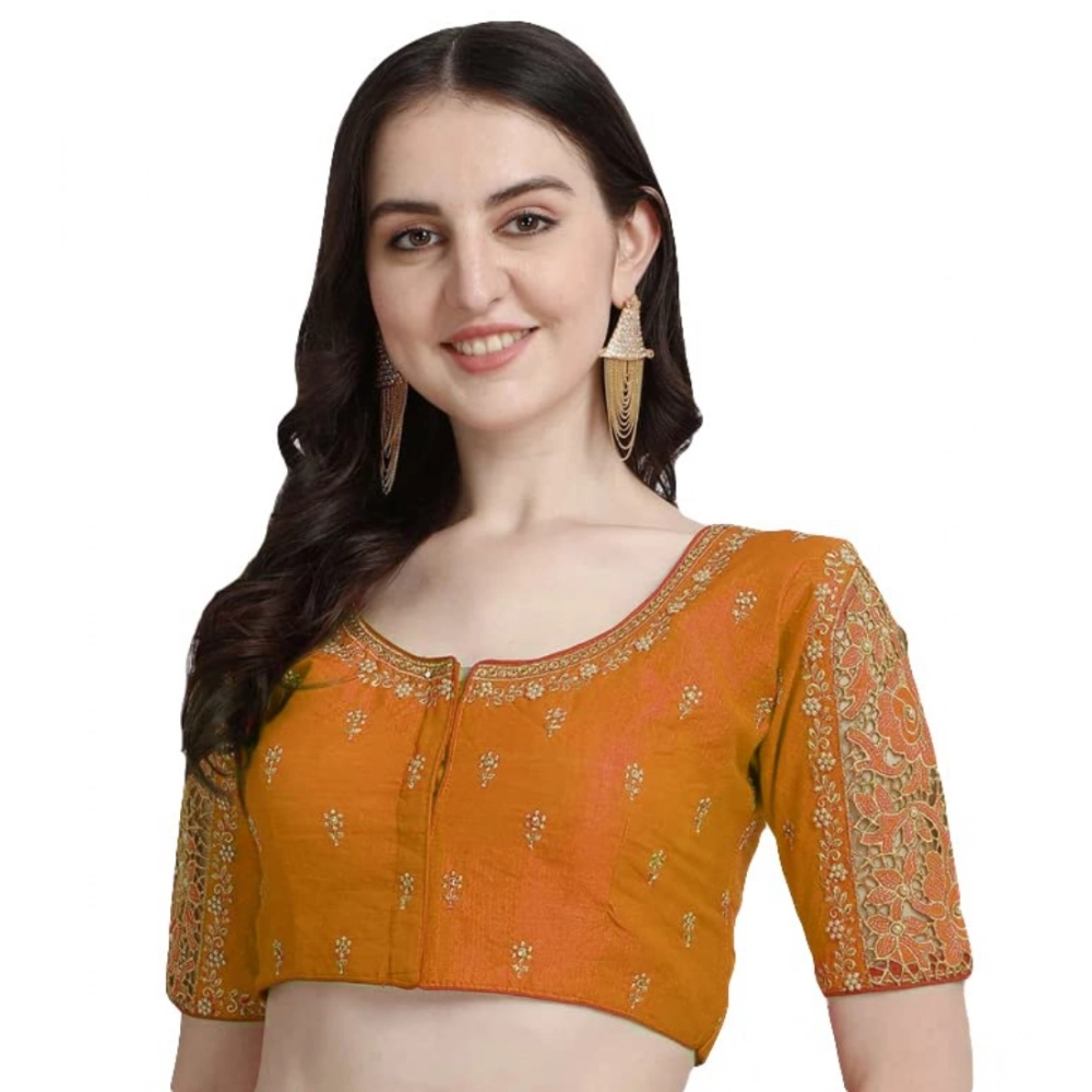 Women's Phantom Silk Woven Round Neck Short Sleeve Readymade Blouse (Yellow, Free Size)