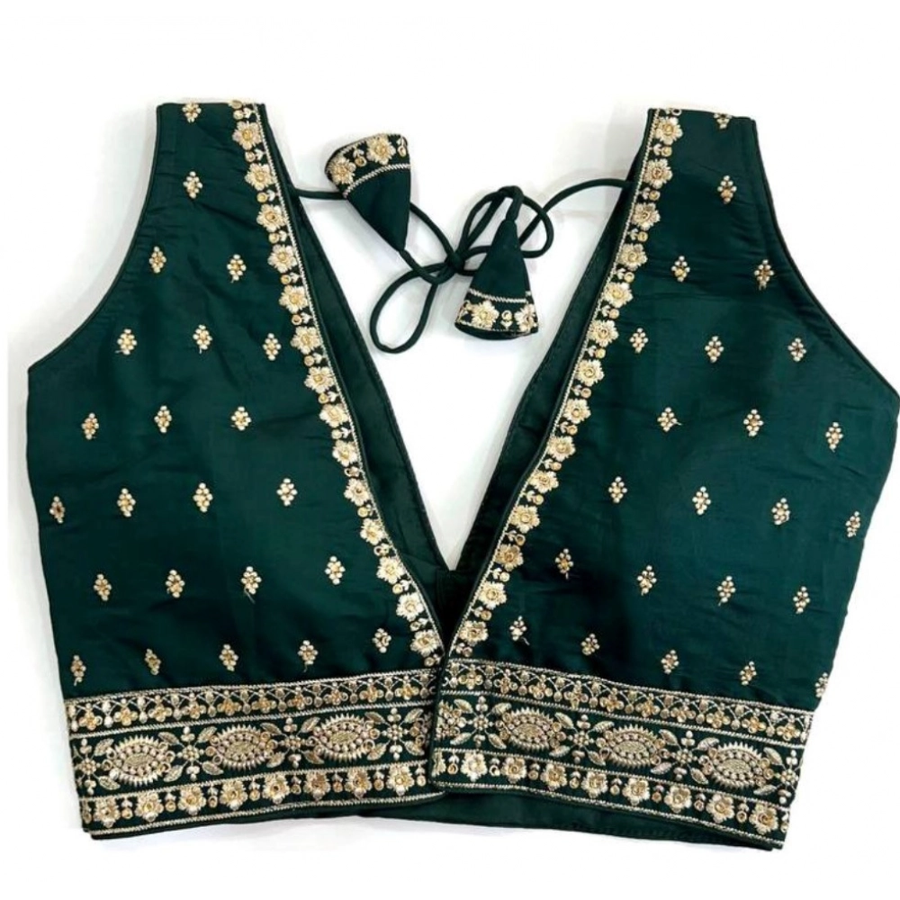 Women's Silk Thread work V Neck Sleeve Less Readymade Blouse (Dark Green, Free Size) - Image 2