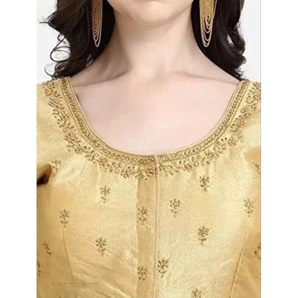 Women's Phantom Silk Woven Round Neck Short Sleeve Readymade Blouse (Golden, Free Size) - Image 3