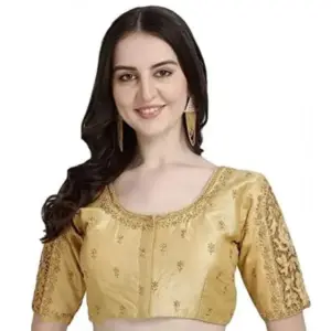 Women's Phantom Silk Woven Round Neck Short Sleeve Readymade Blouse (Golden, Free Size)
