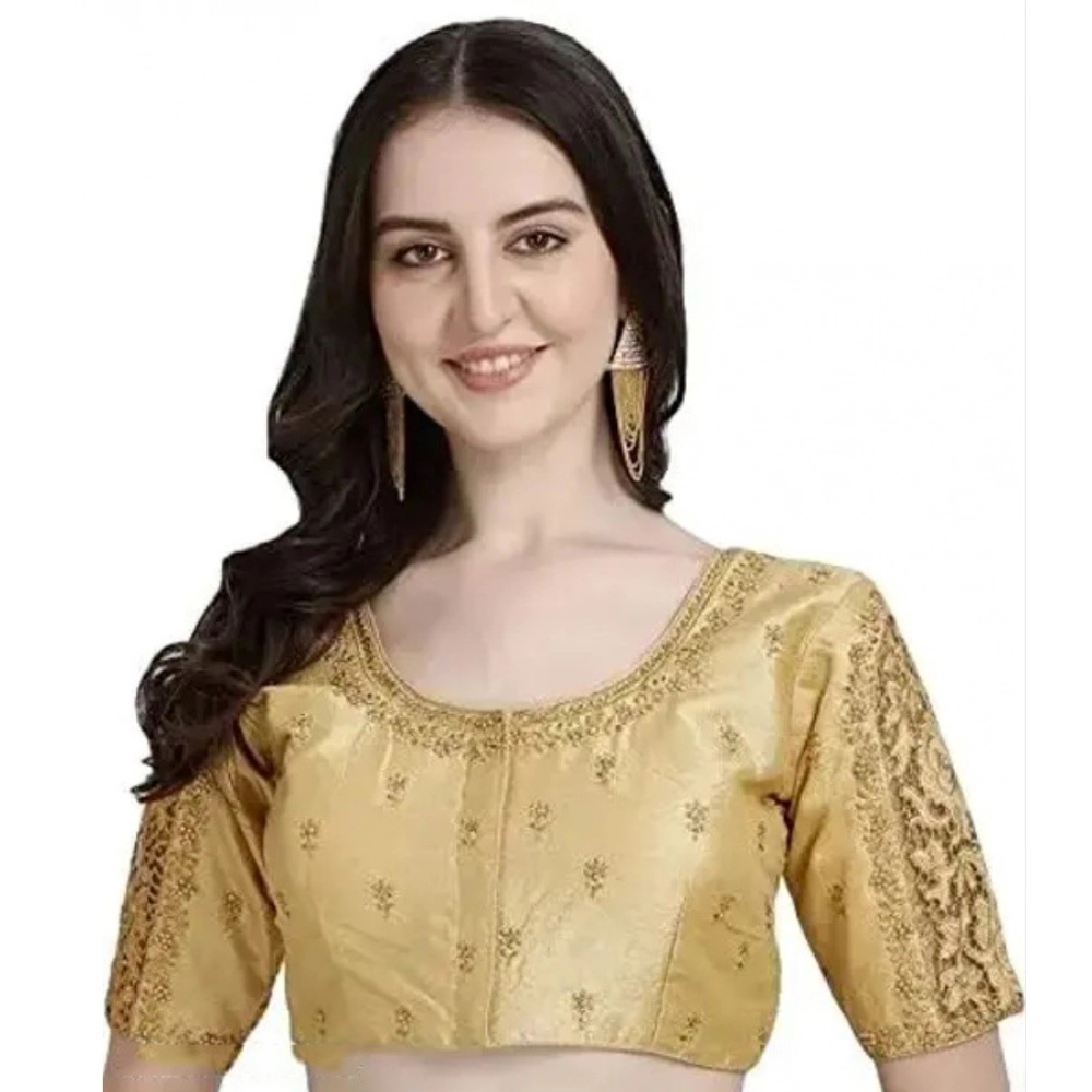 Women's Phantom Silk Woven Round Neck Short Sleeve Readymade Blouse (Golden, Free Size)