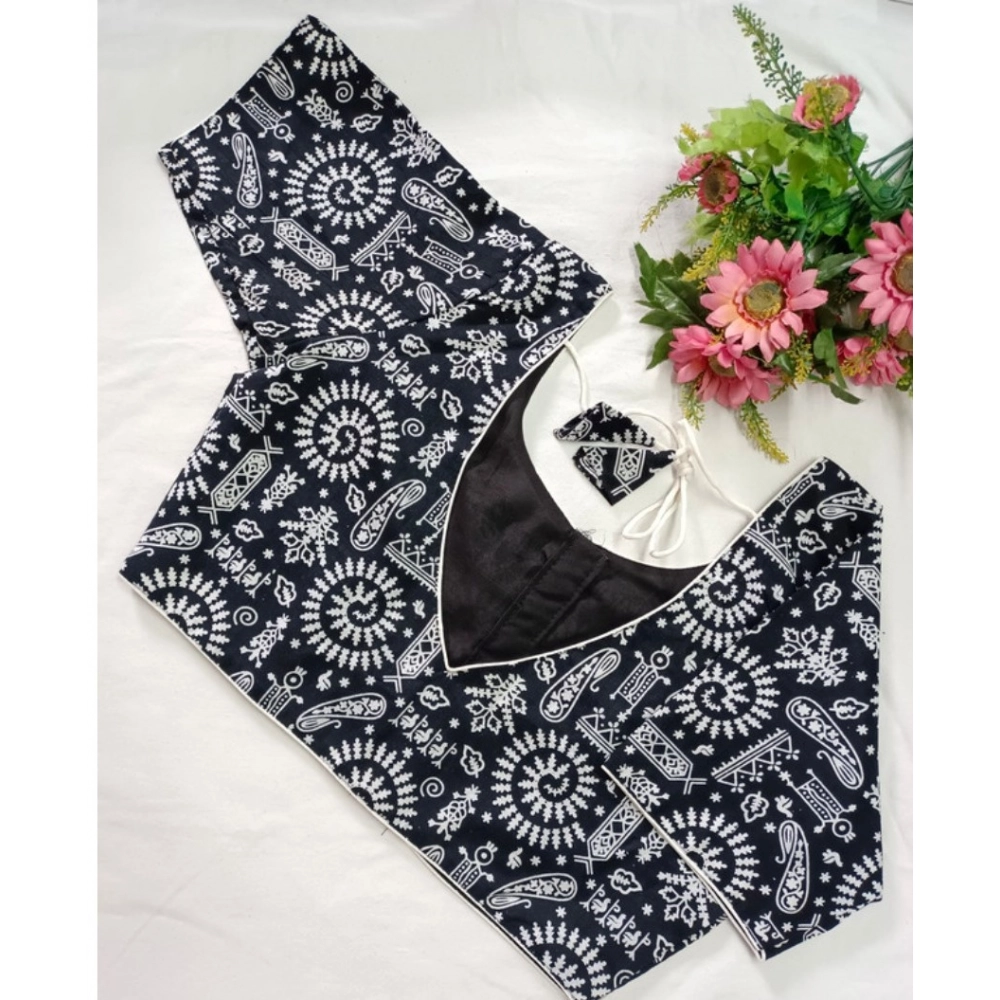 Women's Cotton Printed Round Neck Short Sleeve Readymade Blouse (Black, Free Size) - Image 2