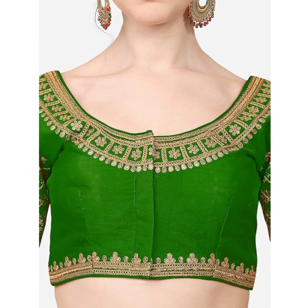 Women's Silk Embroidery Coding Round Neck Short Sleeve Readymade Blouse (Green, Free Size) - Image 2