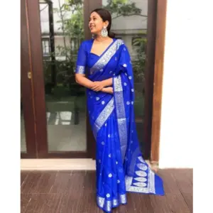 Women's Banarasi Silk Woven Saree With Unstitched Blouse 5.5Mtr (Blue)