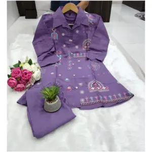 Women's Roman Silk Embroidered 3/4th Sleeve Collar Neck Co-Ord Set (Purple)