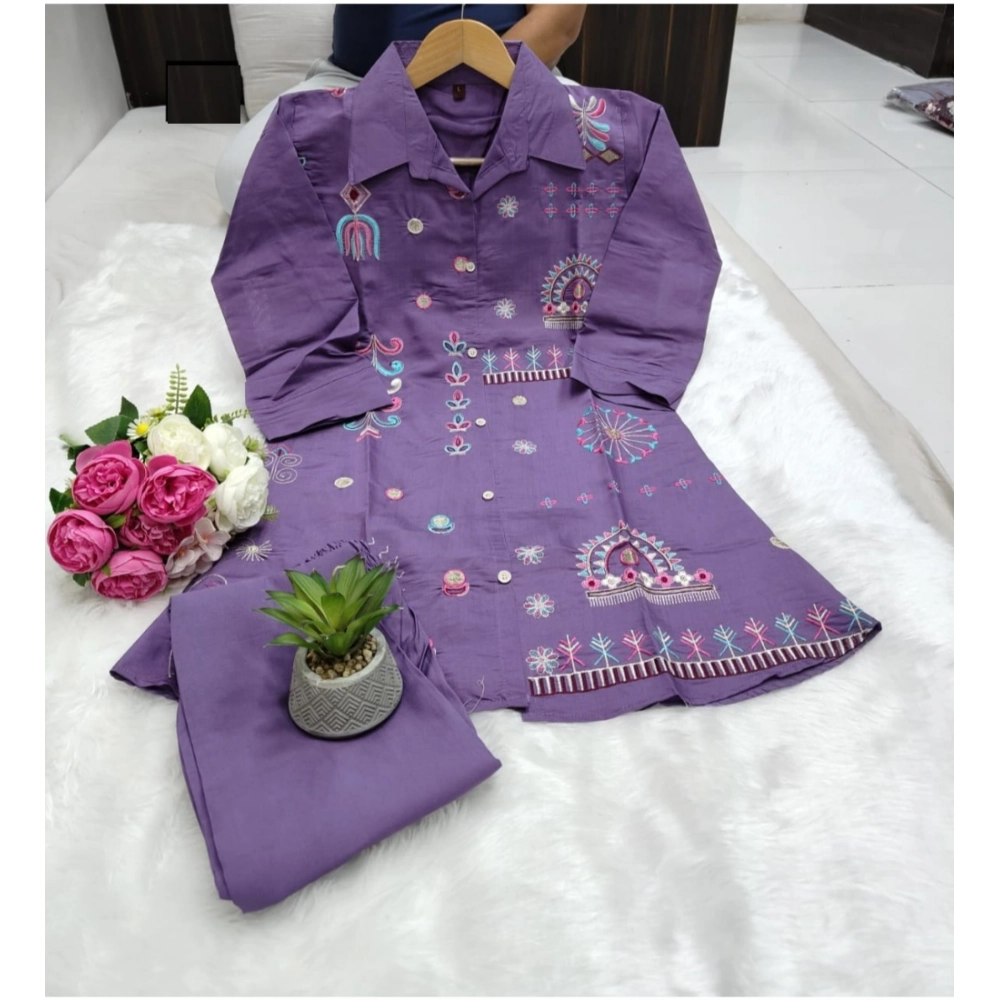 Women's Roman Silk Embroidered 3/4th Sleeve Collar Neck Co-Ord Set (Purple)
