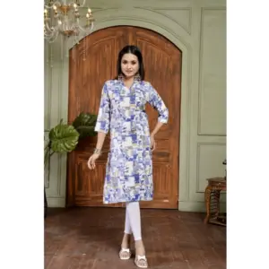 Women's Cotton Blended Printed 3/4th Sleeve Collar Neck Kurti (Blue)