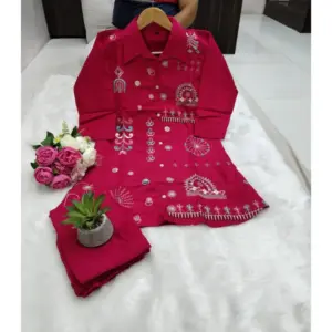 Women's Roman Silk Embroidered 3/4th Sleeve Collar Neck Co-Ord Set (Red)