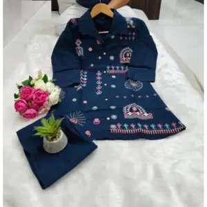 Women's Roman Silk Embroidered 3/4th Sleeve Collar Neck Co-Ord Set (Blue)