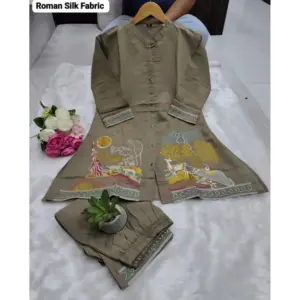 Women's Silk Embroidered 3/4th Sleeve Collar Neck Co-Ord Set (Grey)