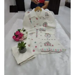 Women's Roman Silk Embroidered 3/4th Sleeve Collar Neck Co-Ord Set (White)