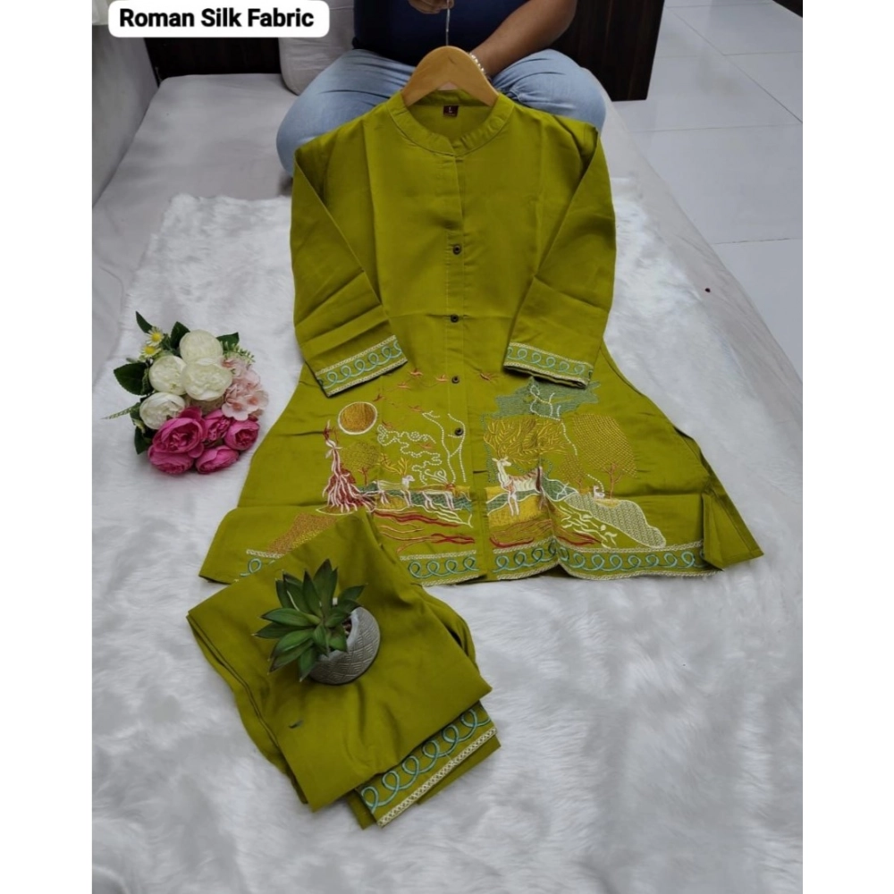Women's Silk Embroidered 3/4th Sleeve Collar Neck Co-Ord Set (Green)