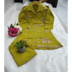 Women's Roman Silk Embroidered 3/4th Sleeve Collar Neck Co-Ord Set (Green)