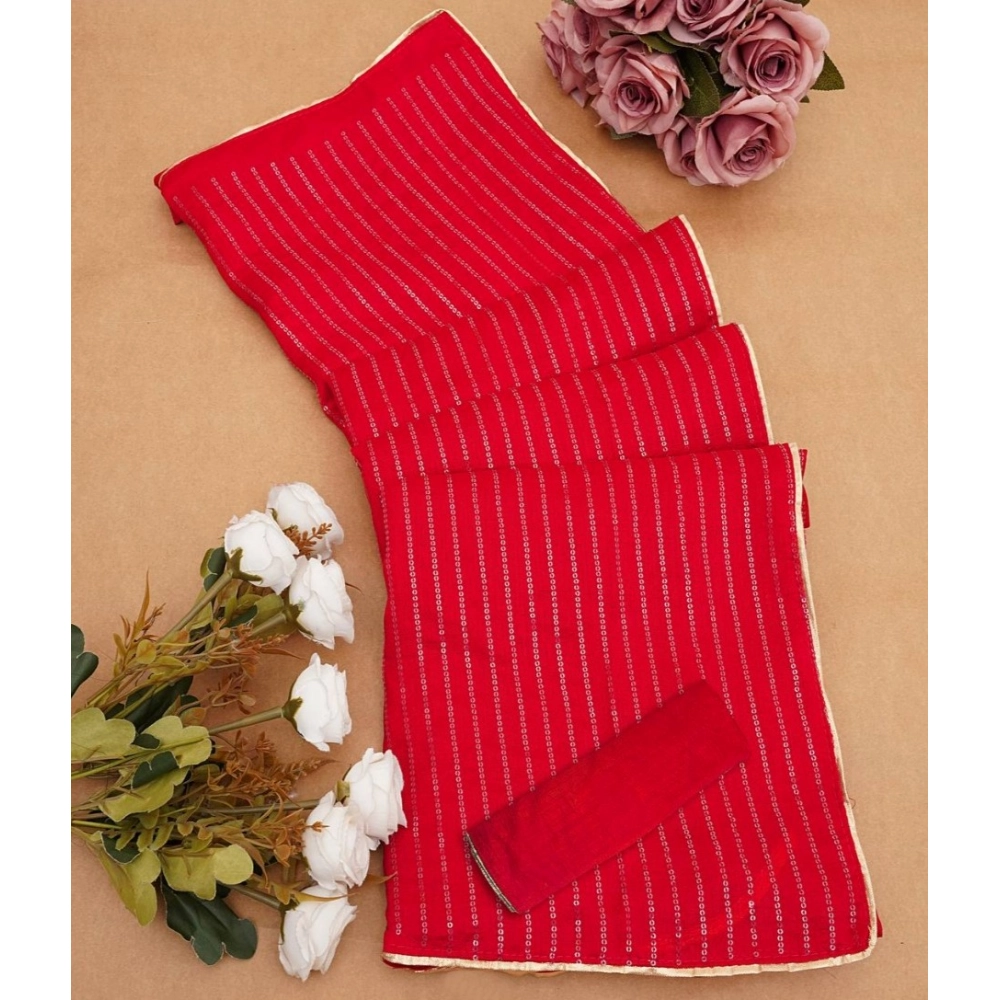 Women's Vichitra Silk Striped Saree With Unstitched Blouse 5.5Mtr (Red) - Image 2