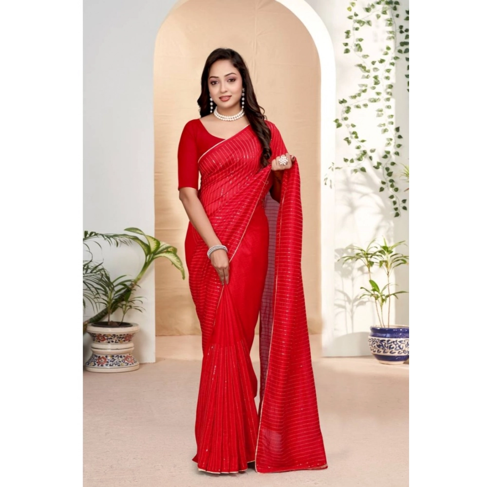 Women's Vichitra Silk Striped Saree With Unstitched Blouse 5.5Mtr (Red)
