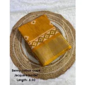 Women's Benny Crape Printed Saree With Unstitched Blouse 5.5Mtr (Mustard)