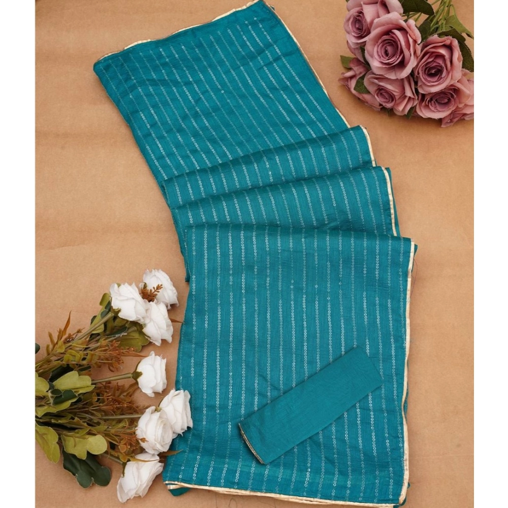 Women's Vichitra Silk Striped Saree With Unstitched Blouse 5.5Mtr (Sky Blue) - Image 2