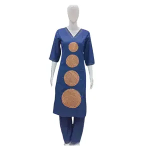 Women's Cotton Blended Printed 3/4th Sleeve V Neck Kurti With Pant Set (Blue)