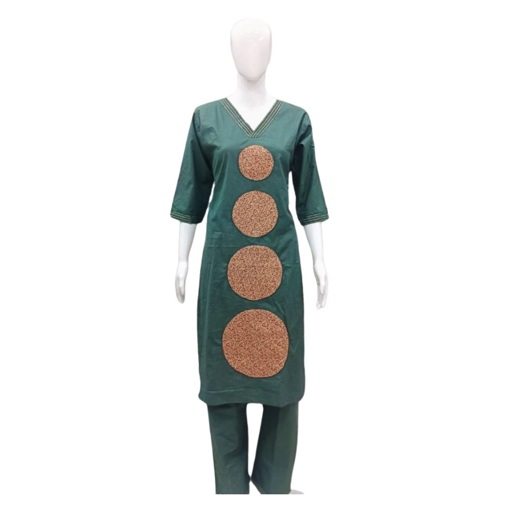 Women's Cotton Blended Printed 3/4th Sleeve V Neck Kurti With Pant Set (Green)
