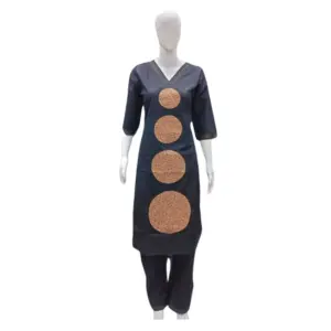 Women's Cotton Blended Printed 3/4th Sleeve V Neck Kurti With Pant Set (Black)