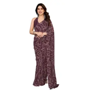 Women's Zalar Lace Georgette Printed Ready-to-Wear Saree With Unstitched Blouse 5.5 Mtr (Wine)