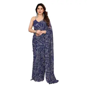 Women's Zalar Lace Georgette Printed Ready-to-Wear Saree With Unstitched Blouse 5.5 Mtr (Blue)