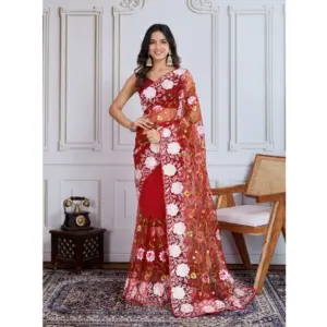 Women's Soft Net Thread Embroidery Saree With Unstitched Blouse 5.5Mtr (Maroon)
