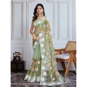 Women's Soft Net Thread Embroidery Saree With Unstitched Blouse 5.5Mtr (Pista)