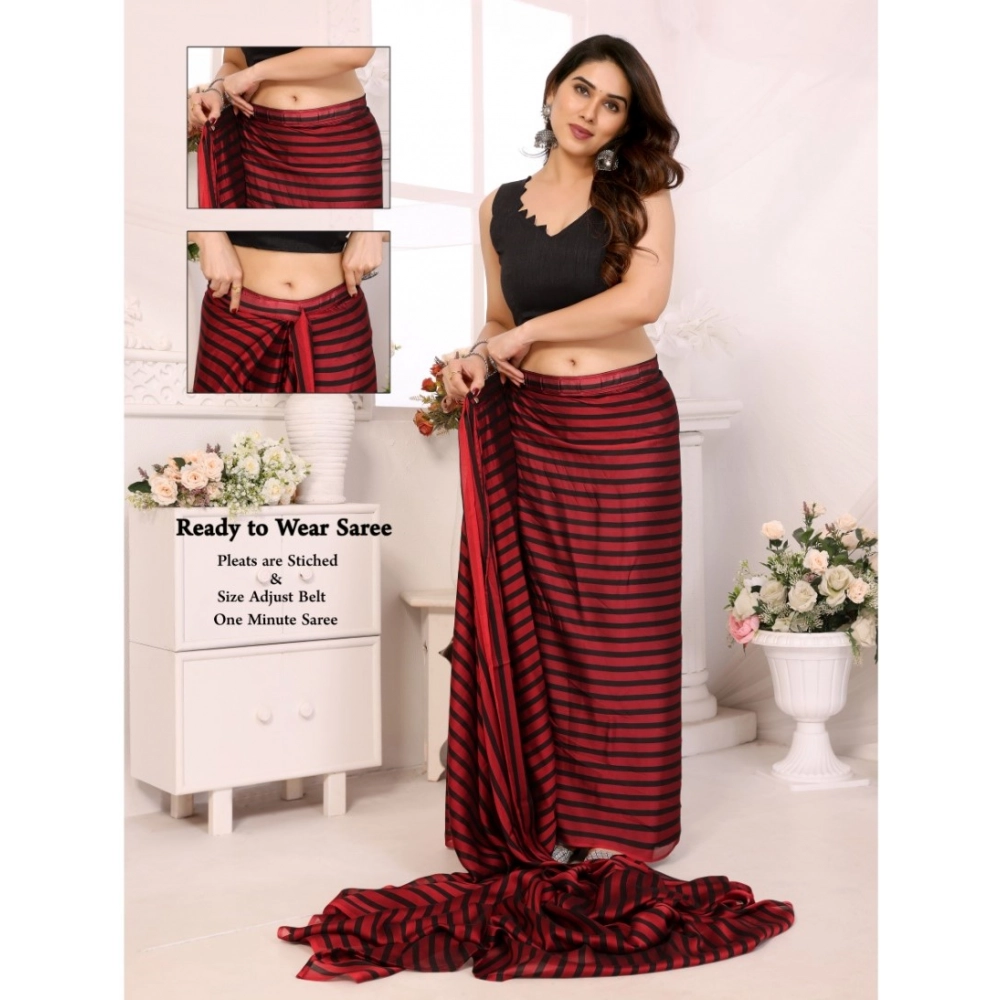Women's Black Berry Striped Ready-to-Wear Saree With Unstitched Blouse 5.5 Mtr (Red-Black) - Image 2