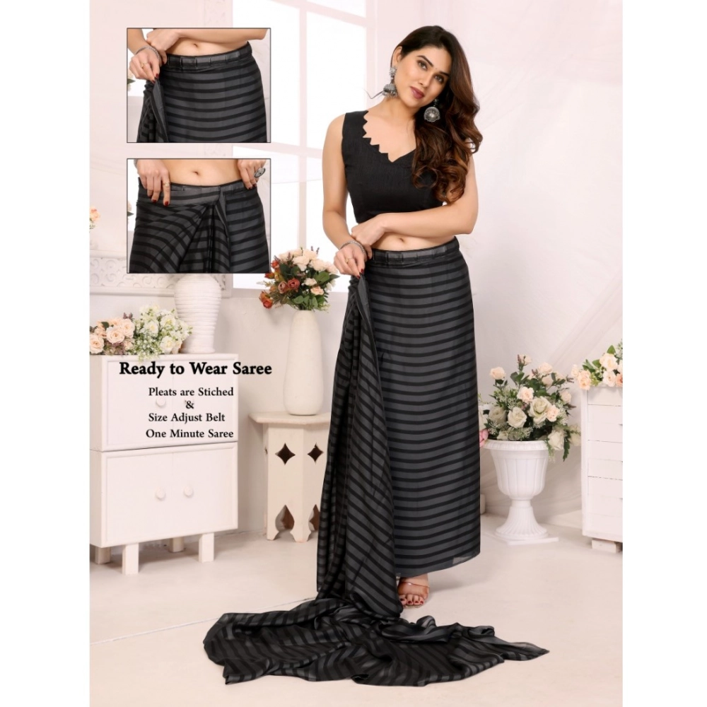 Women's Black Berry Striped Ready-to-Wear Saree With Unstitched Blouse 5.5 Mtr (Grey-Black) - Image 2