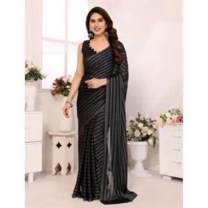 Women's Black Berry Striped Ready-to-Wear Saree With Unstitched Blouse 5.5 Mtr (Grey-Black)
