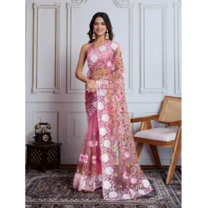 Women's Soft Net Thread Embroidery Saree With Unstitched Blouse 5.5Mtr (Light Pink)