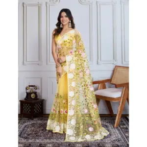 Women's Soft Net Thread Embroidery Saree With Unstitched Blouse 5.5Mtr (Yellow)