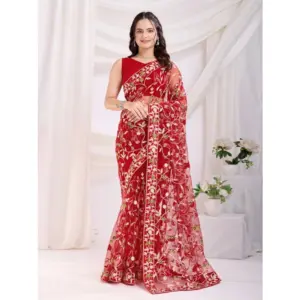 Women's Soft Net Thread Embroidery Saree With Unstitched Blouse 5.5Mtr (Maroon)