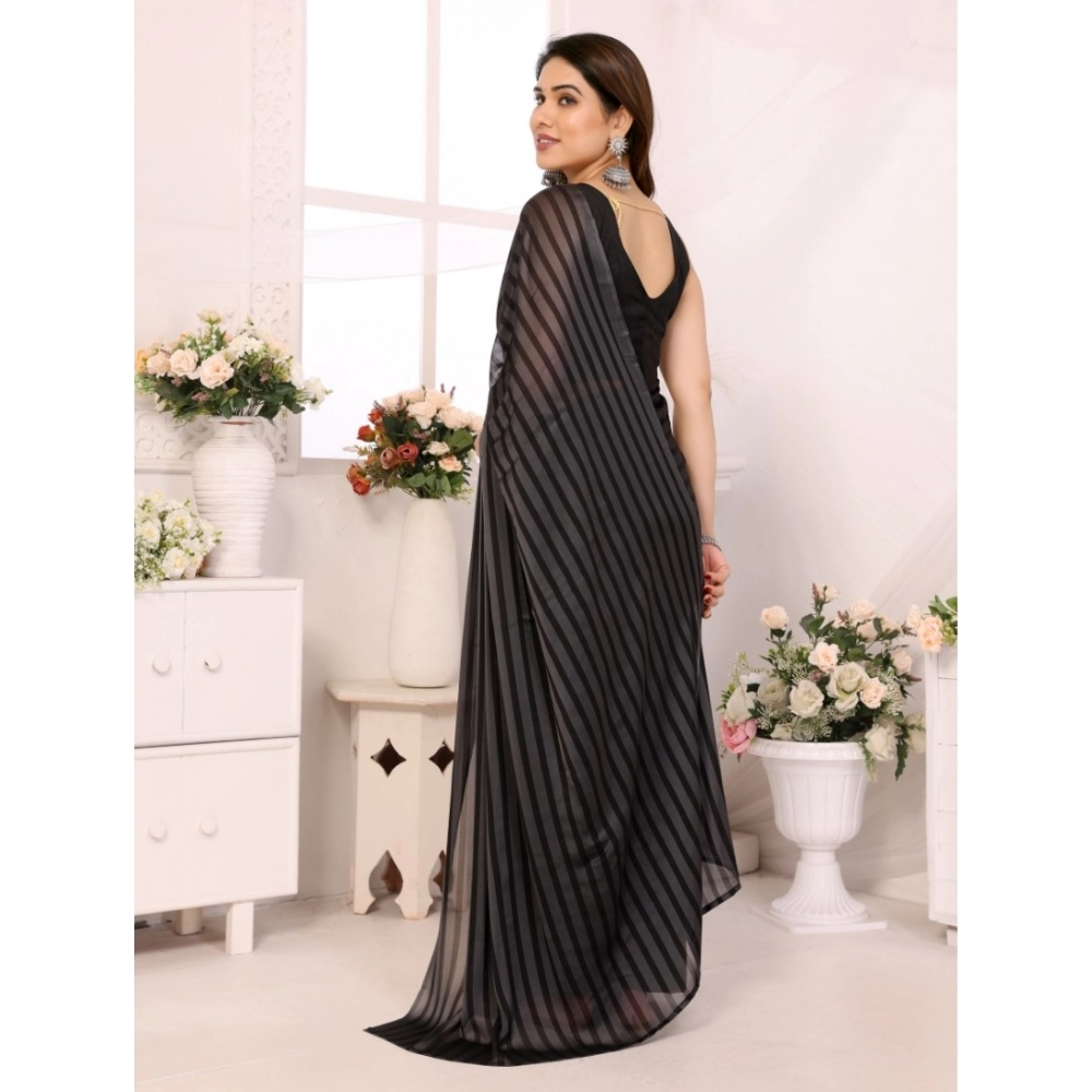 Women's Black Berry Striped Ready-to-Wear Saree With Unstitched Blouse 5.5 Mtr (Grey-Black) - Image 3