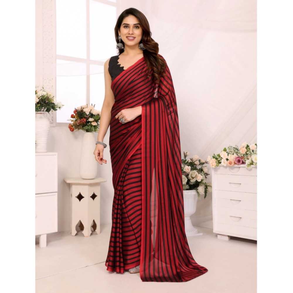 Women's Black Berry Striped Ready-to-Wear Saree With Unstitched Blouse 5.5 Mtr (Red-Black)