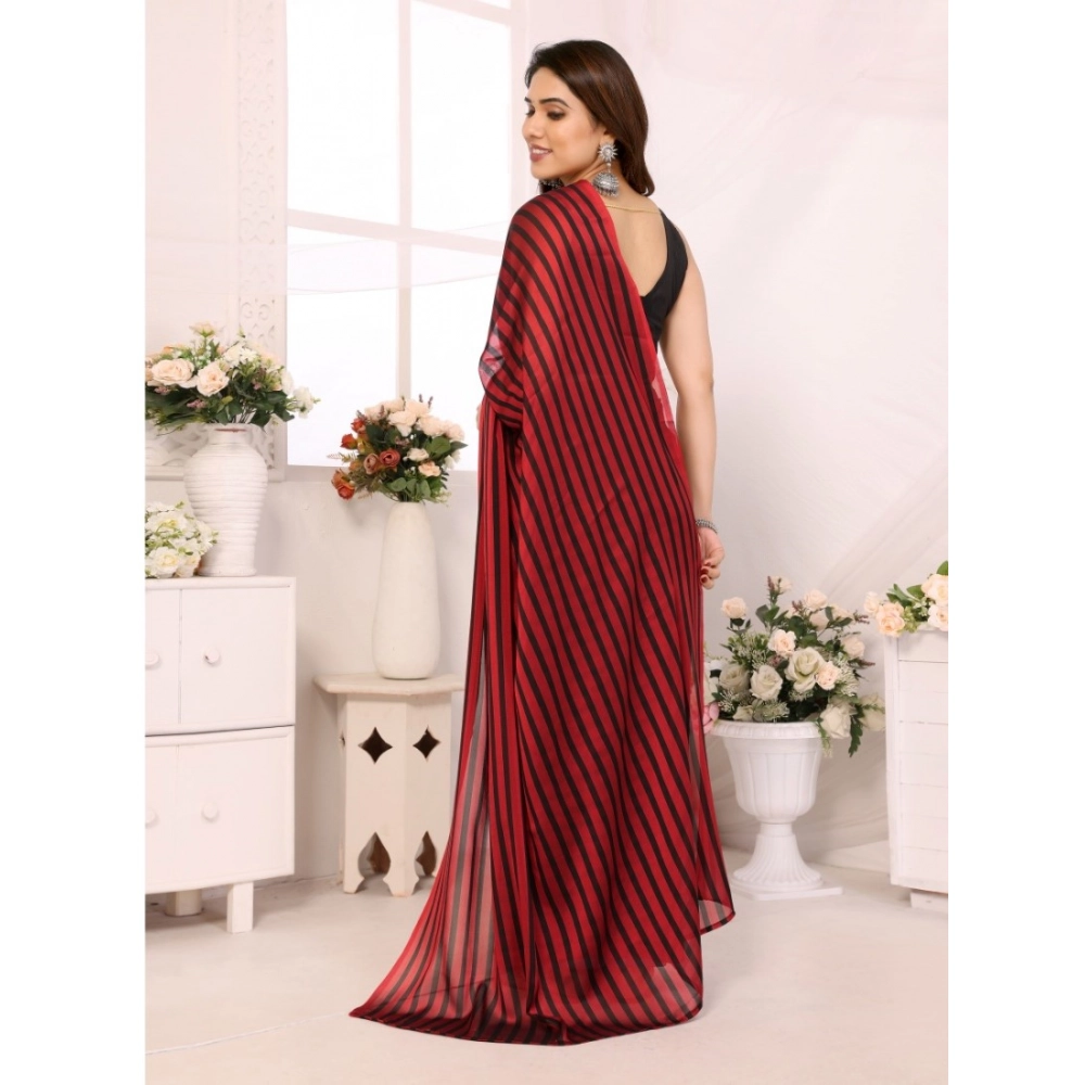 Women's Black Berry Striped Ready-to-Wear Saree With Unstitched Blouse 5.5 Mtr (Red-Black) - Image 3