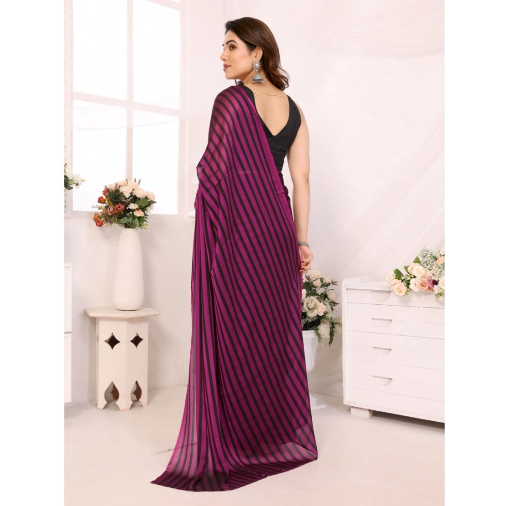 Women's Black Berry Striped Ready-to-Wear Saree With Unstitched Blouse 5.5 Mtr (Purple-Black) - Image 3