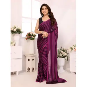 Women's Black Berry Striped Ready-to-Wear Saree With Unstitched Blouse 5.5 Mtr (Purple-Black)