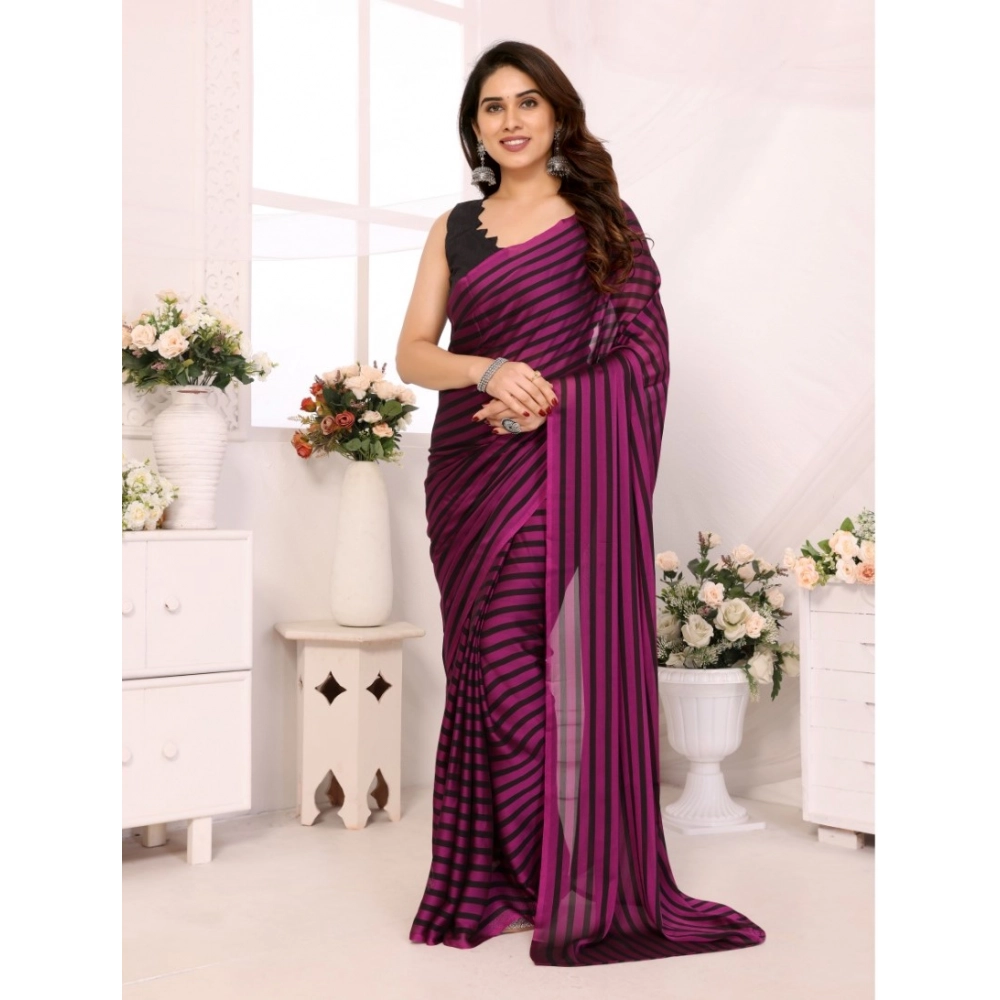 Women's Black Berry Striped Ready-to-Wear Saree With Unstitched Blouse 5.5 Mtr (Purple-Black)