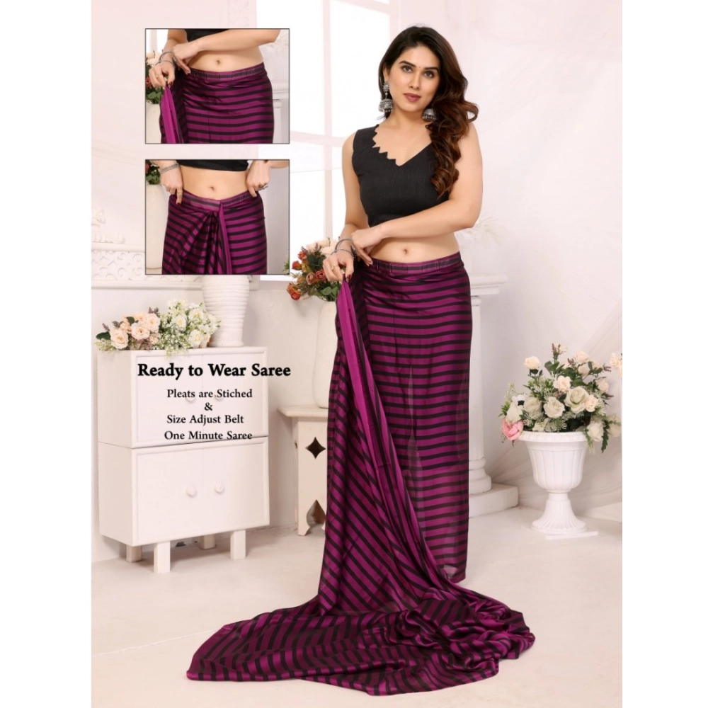 Women's Black Berry Striped Ready-to-Wear Saree With Unstitched Blouse 5.5 Mtr (Purple-Black) - Image 2