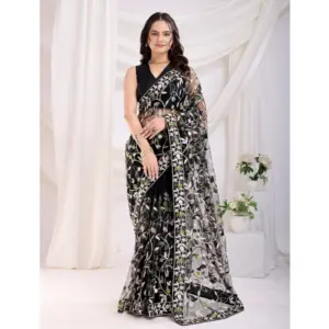 Women's Soft Net Thread Embroidery Saree With Unstitched Blouse 5.5Mtr (Black)