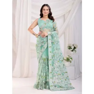 Women's Soft Net Thread Embroidery Saree With Unstitched Blouse 5.5Mtr (Sea Green)