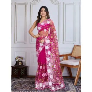 Women's Soft Net Thread Embroidery Saree With Unstitched Blouse 5.5Mtr (Dark Pink)