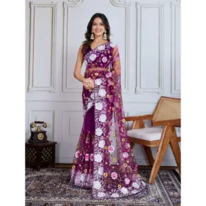 Women's Soft Net Thread Embroidery Saree With Unstitched Blouse 5.5Mtr (Purple)