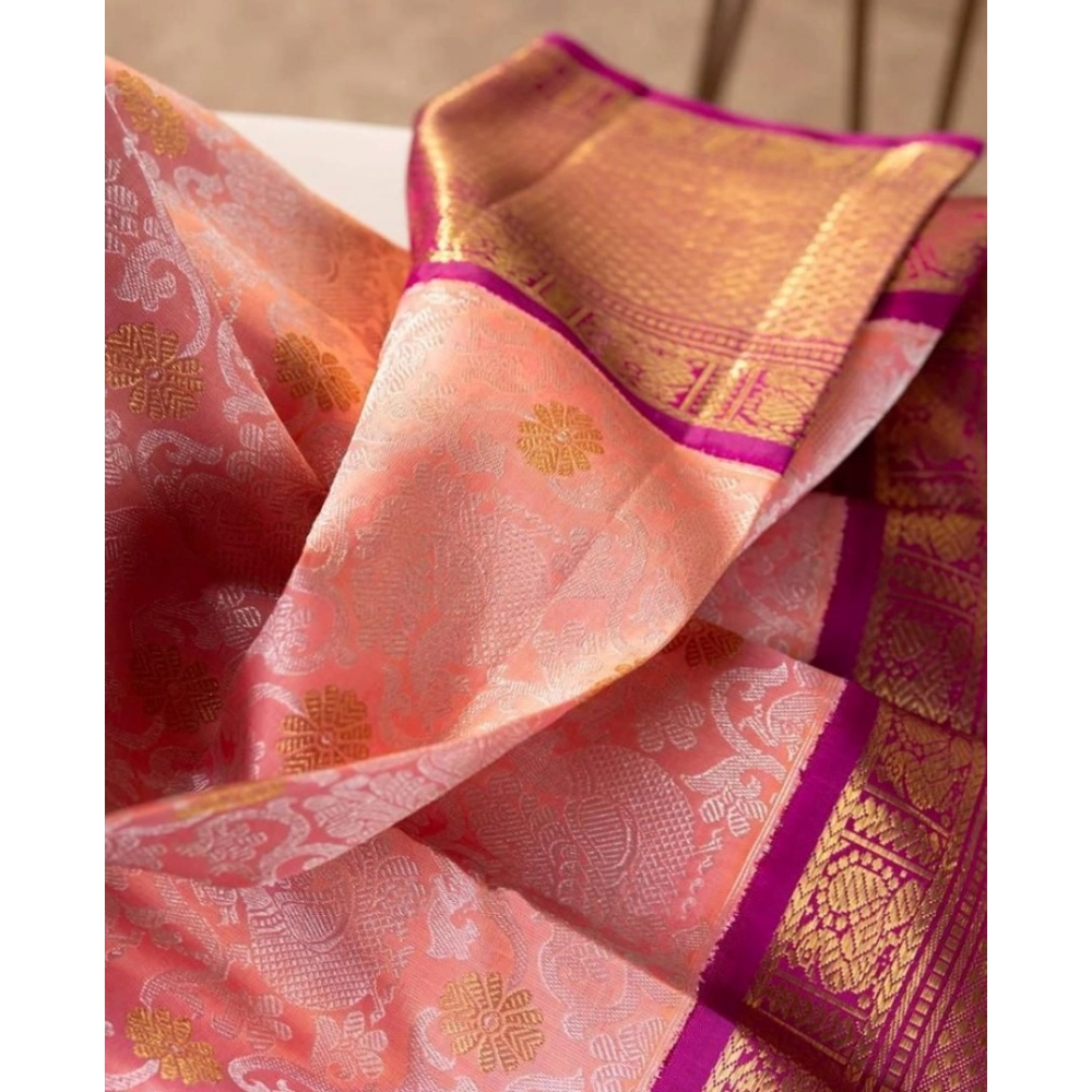 Women's Soft Lichi Silk Printed Saree With Unstitched Blouse 5.5Mtr (Pink) - Image 3