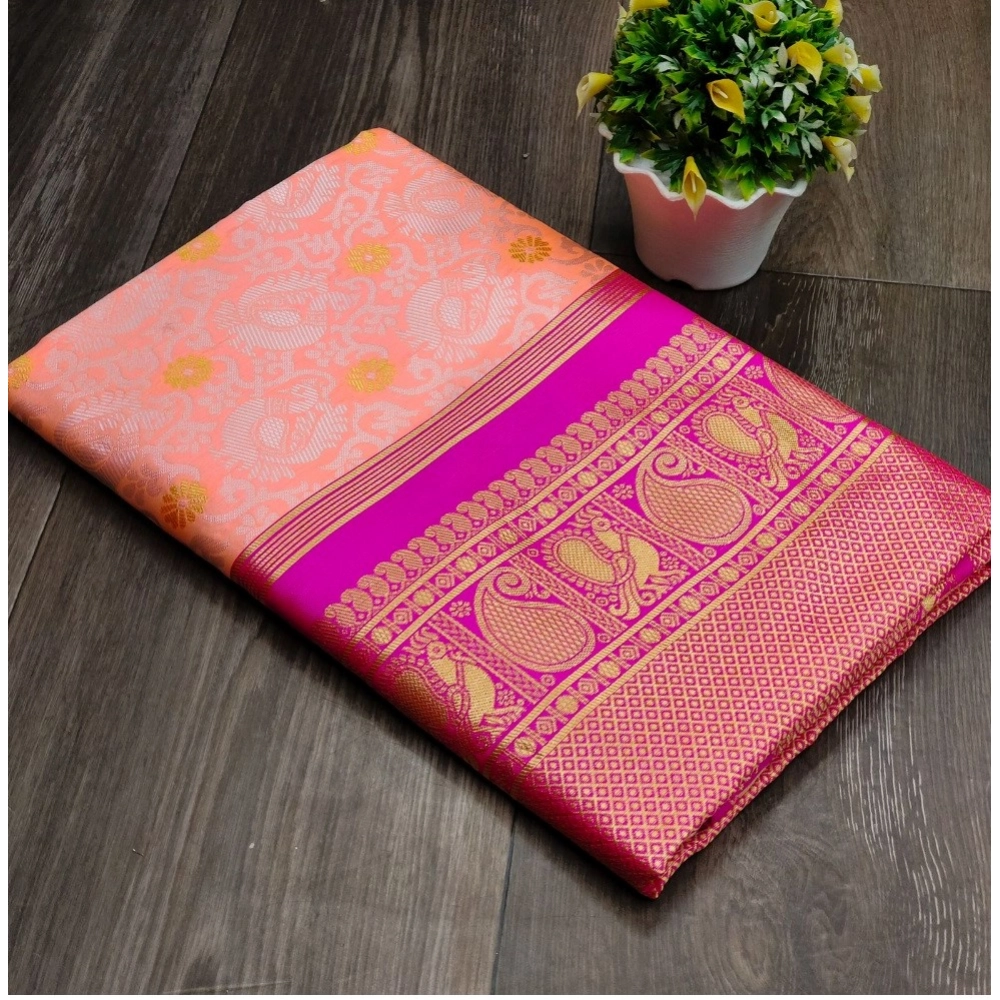 Women's Soft Lichi Silk Printed Saree With Unstitched Blouse 5.5Mtr (Pink)
