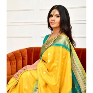 Women's Soft Lichi Silk Printed Saree With Unstitched Blouse 5.5Mtr (Yellow)